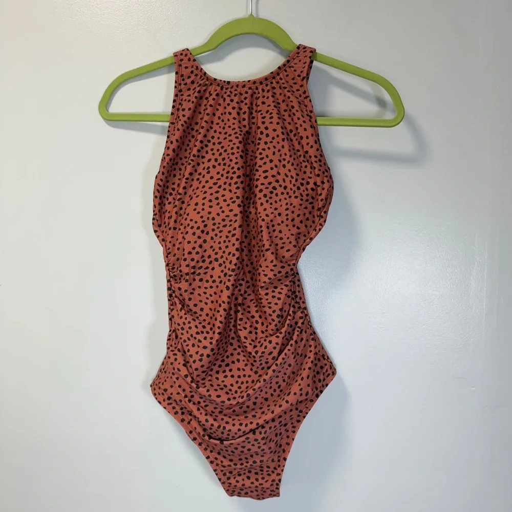 Kona‎ Sol Womens Rust Orange Spotted Animal Print High Neck One Piece Swimsuit S